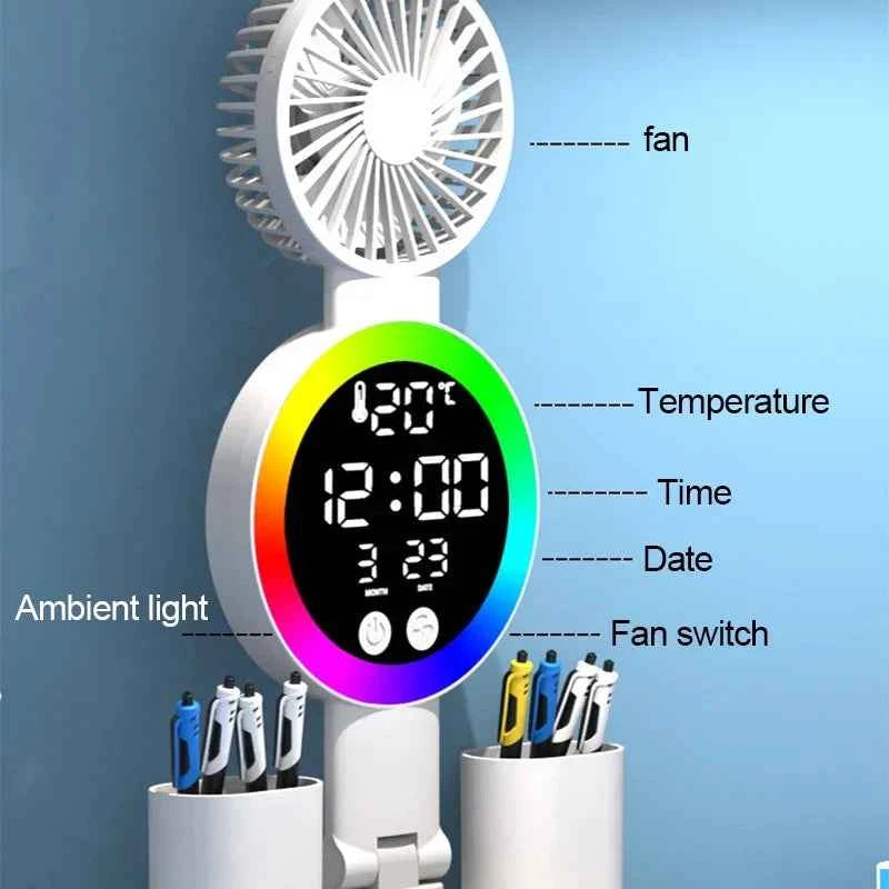 LED Table Lamp with Fan And Clock Display Reading Desk Light for Study Night Light Adjustable Brightness