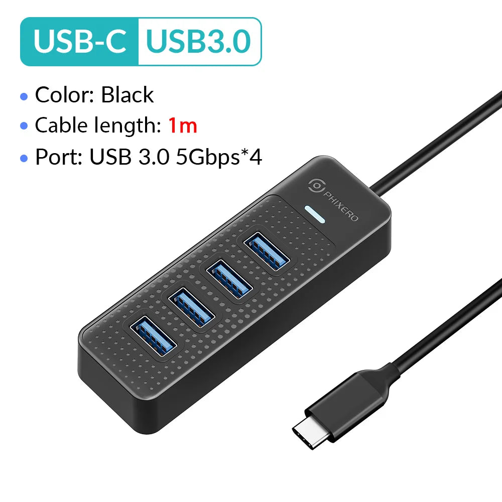 PHIXERO 4 Ports USB 3.0 HUB High Speed Type C Splitter 5Gbps For PC Computer Accessories Multiport USB Hub Adapter for Laptop