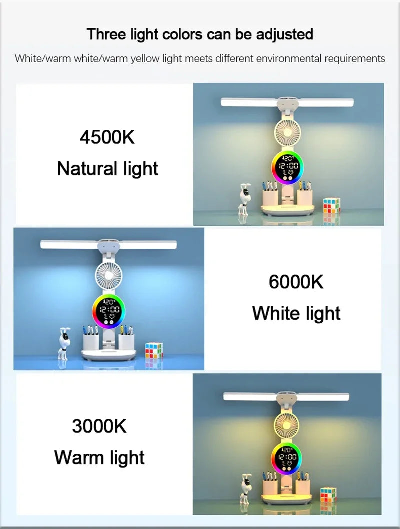 LED Table Lamp with Fan And Clock Display Reading Desk Light for Study Night Light Adjustable Brightness