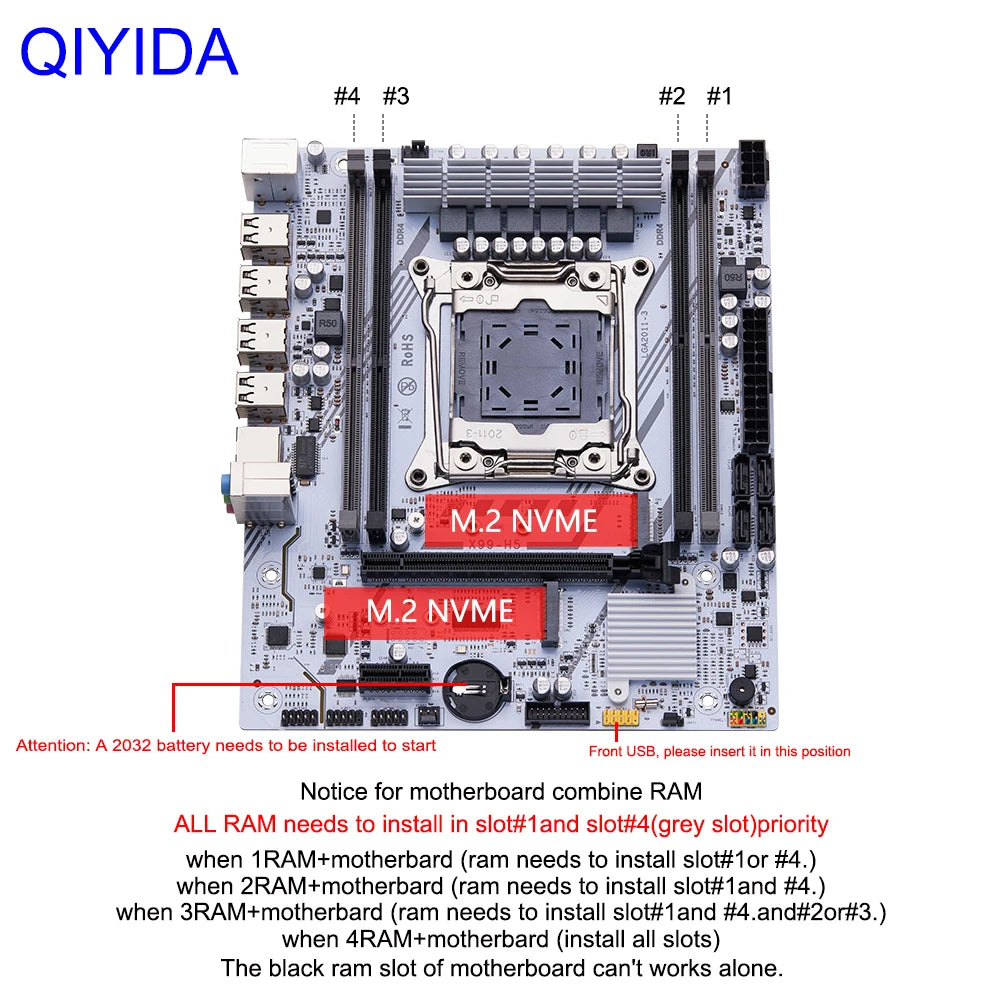 QIYIDA X99 Motherboard Set Kit Xeon LGA2011-3 E5 2650 V4 2pcs*8gb=16GB DDR4 RAM USB PCI 3.0 NVME M.2 SATA M-ATX