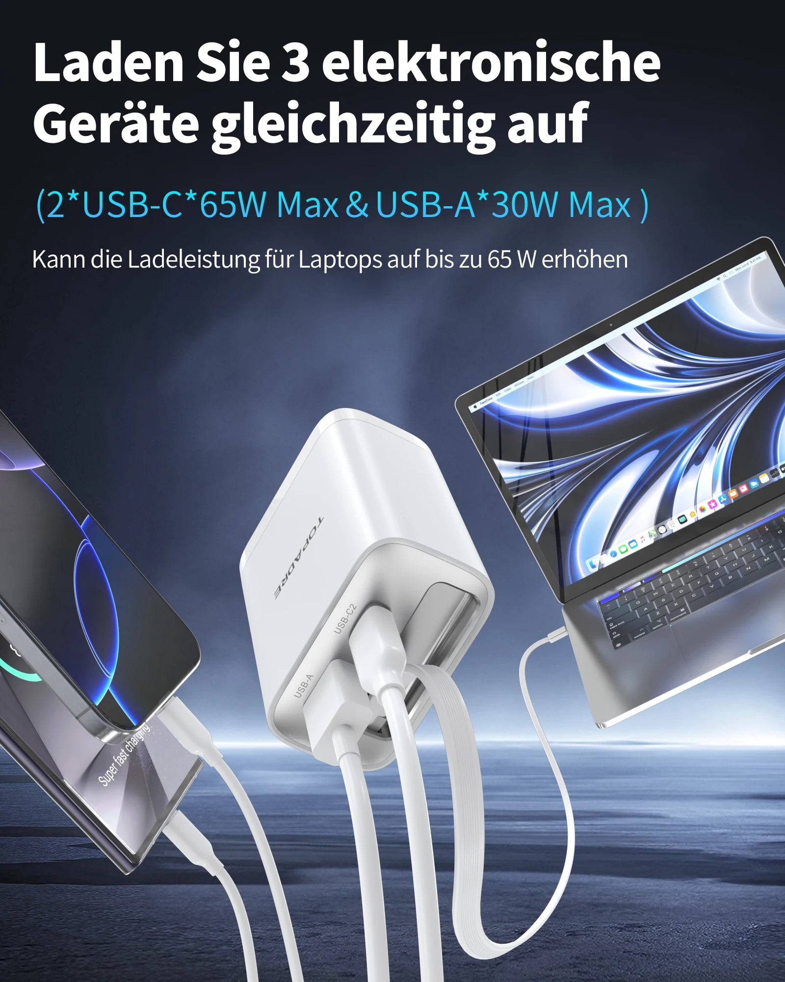 65W GaN PD3.1 Fast Charger With Retractable Cable , 3-Port Type-C + USB-A Travel Adapter For IPhone ,  Laptops, Galaxy Series