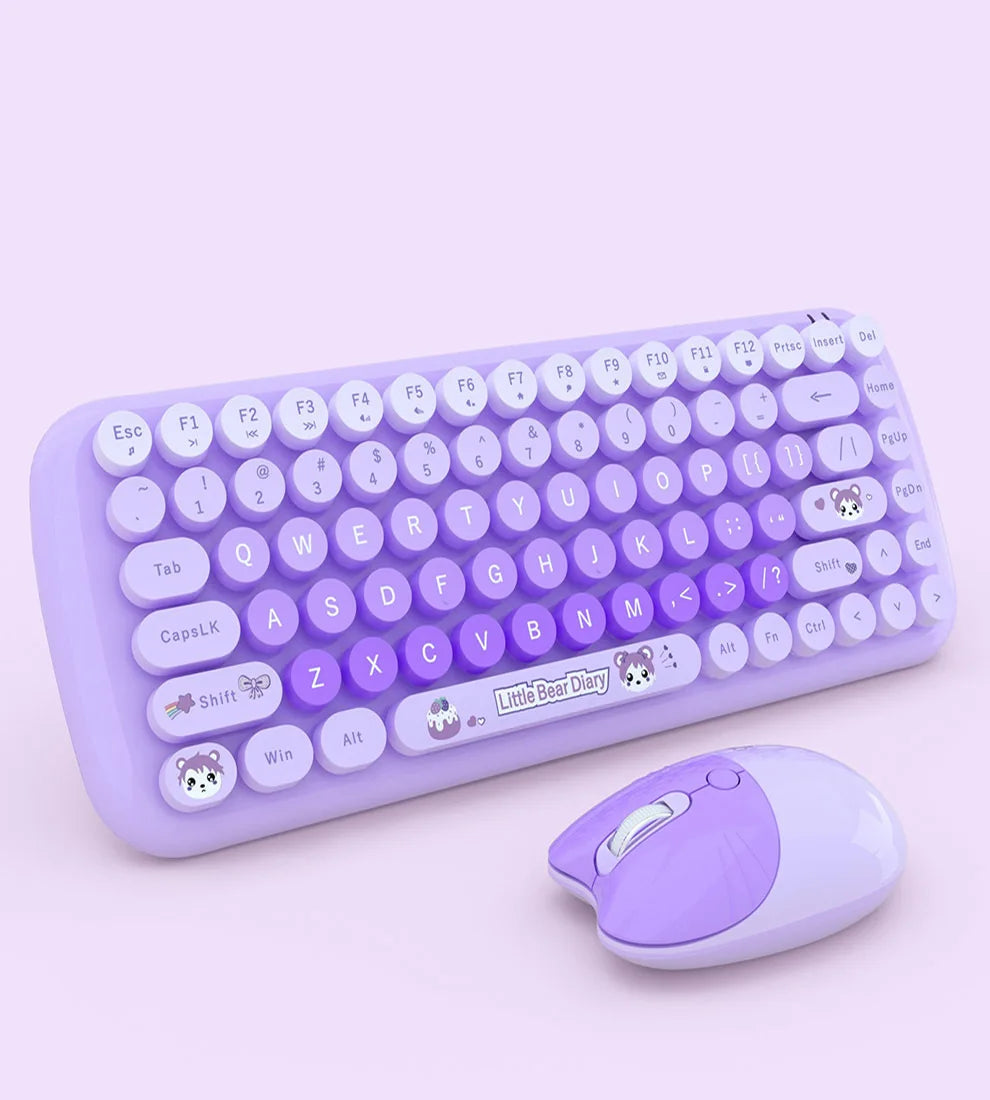 2.4G Wireless Keyboard Mouse Combo 84 Keys Compact Size Colorful Retro Round Keycaps For Laptop/Desktop, Battery Powered