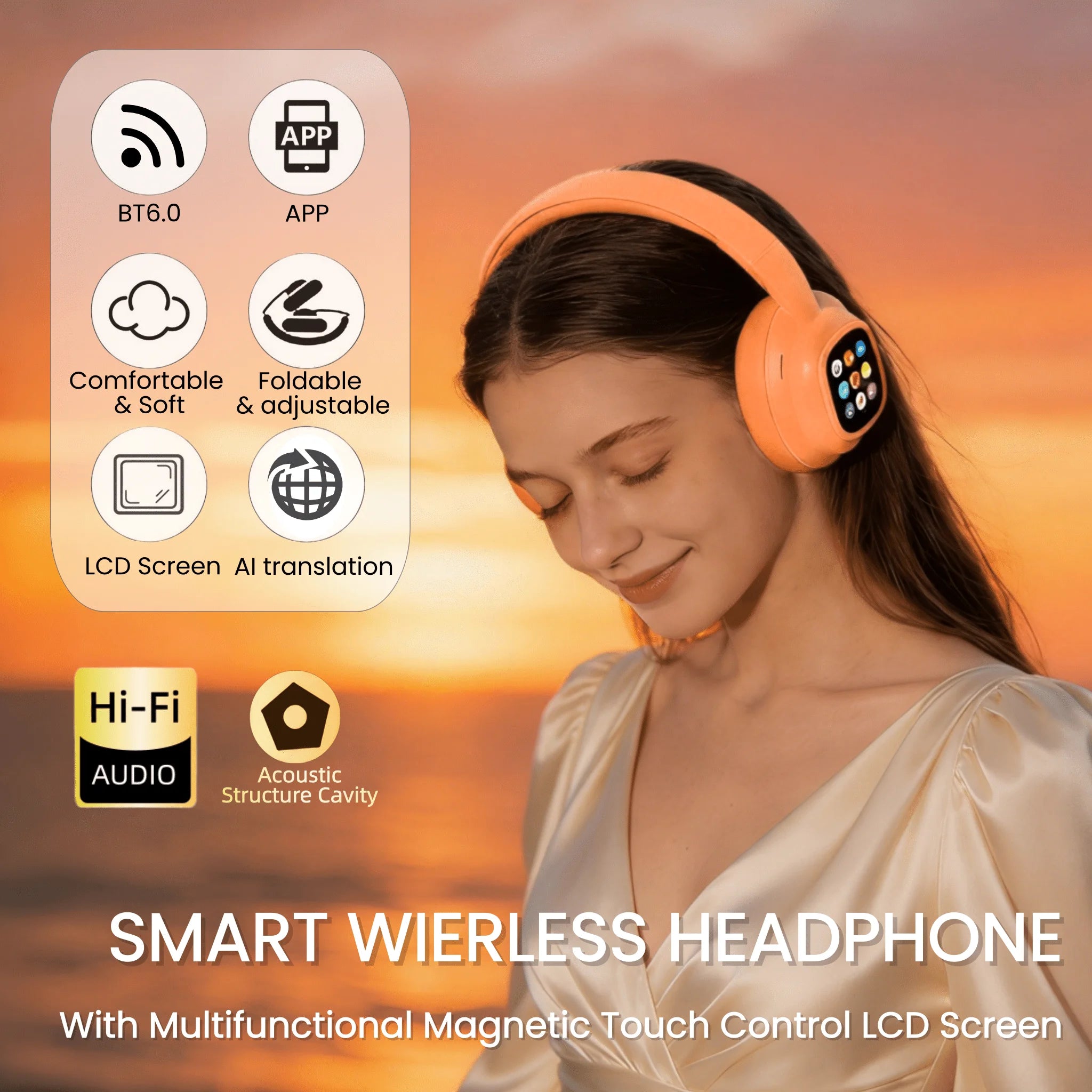 AI Translation Wireless Headphones, Magnetic LCD Touch Screen, Foldable Retractable Design, Real-time 115 Languages Translation, BT6.0, Multi-functions for Photo, Flashlight, Alarm & Voice Recording, AUX Wired Supported