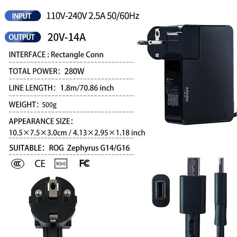SAVAGO 20V10A 200W AC Adapter Laptop Power for ASUS ROG Zephyrus G14 2024 GA403 GaN Charger for Rog G16 2024 GU605
