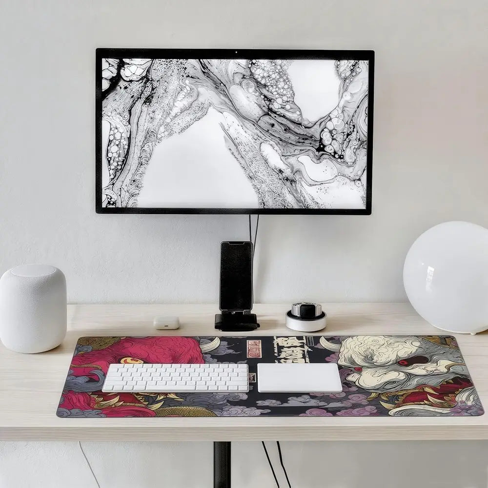 XXL Gaming Mouse Pad with Non-Slip Base, Waterproof & Stitched Edges, Japanese Demon Mask Design, 35.4x15.7 inches