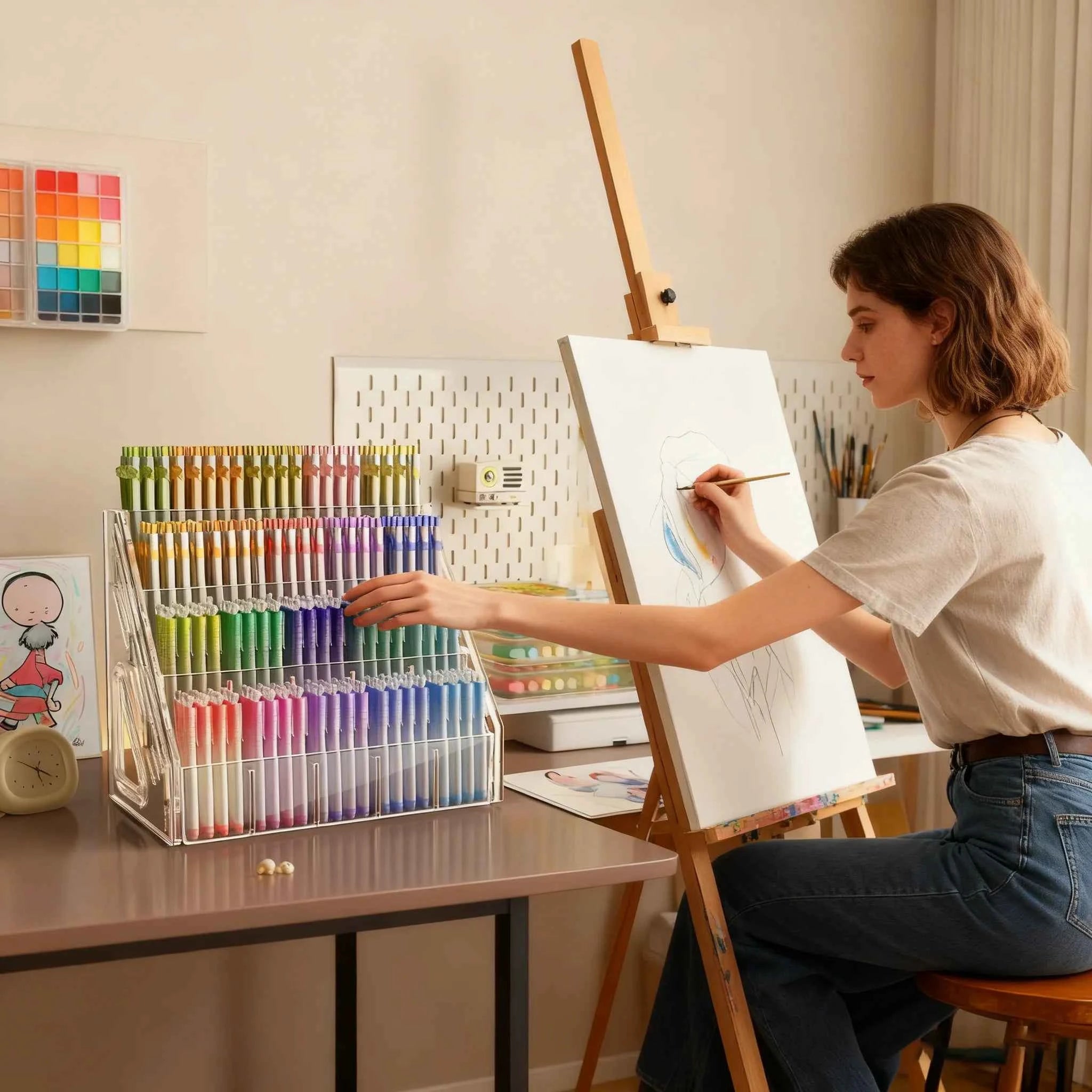 1Pc Pen Holder Organizer, Large Capacity Acrylic Storage Rack, Paintbrush Compartment Organizer, Suitable for Paintbrushes, Pencils, Markers, Suitable for Home, Office, School, Durable Design, Essential for Office Supplies an