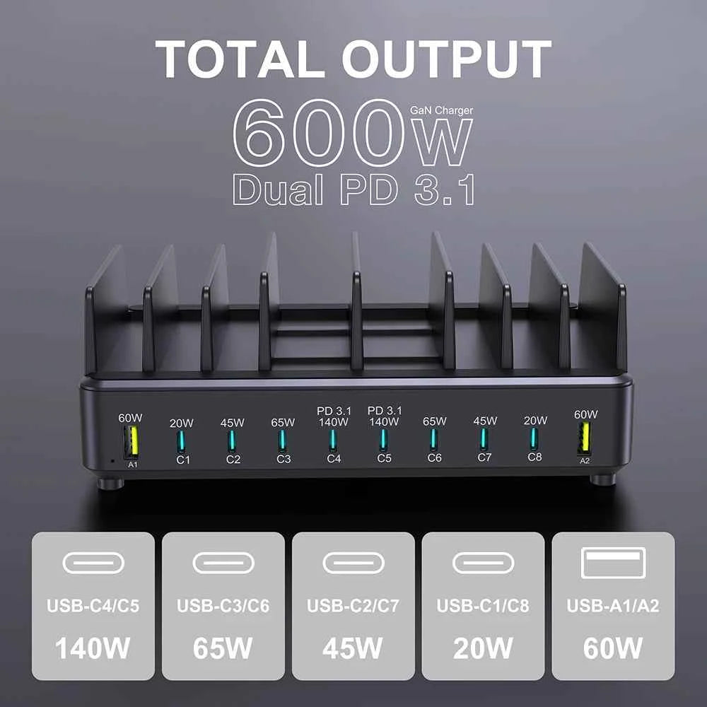 Ueetop 600W Multi USB Fast Charger 10-Port GaN PD 3.1 Charging Station Stand for MacBook iPhone 16 15 iPad Samsung Tablet Laptop