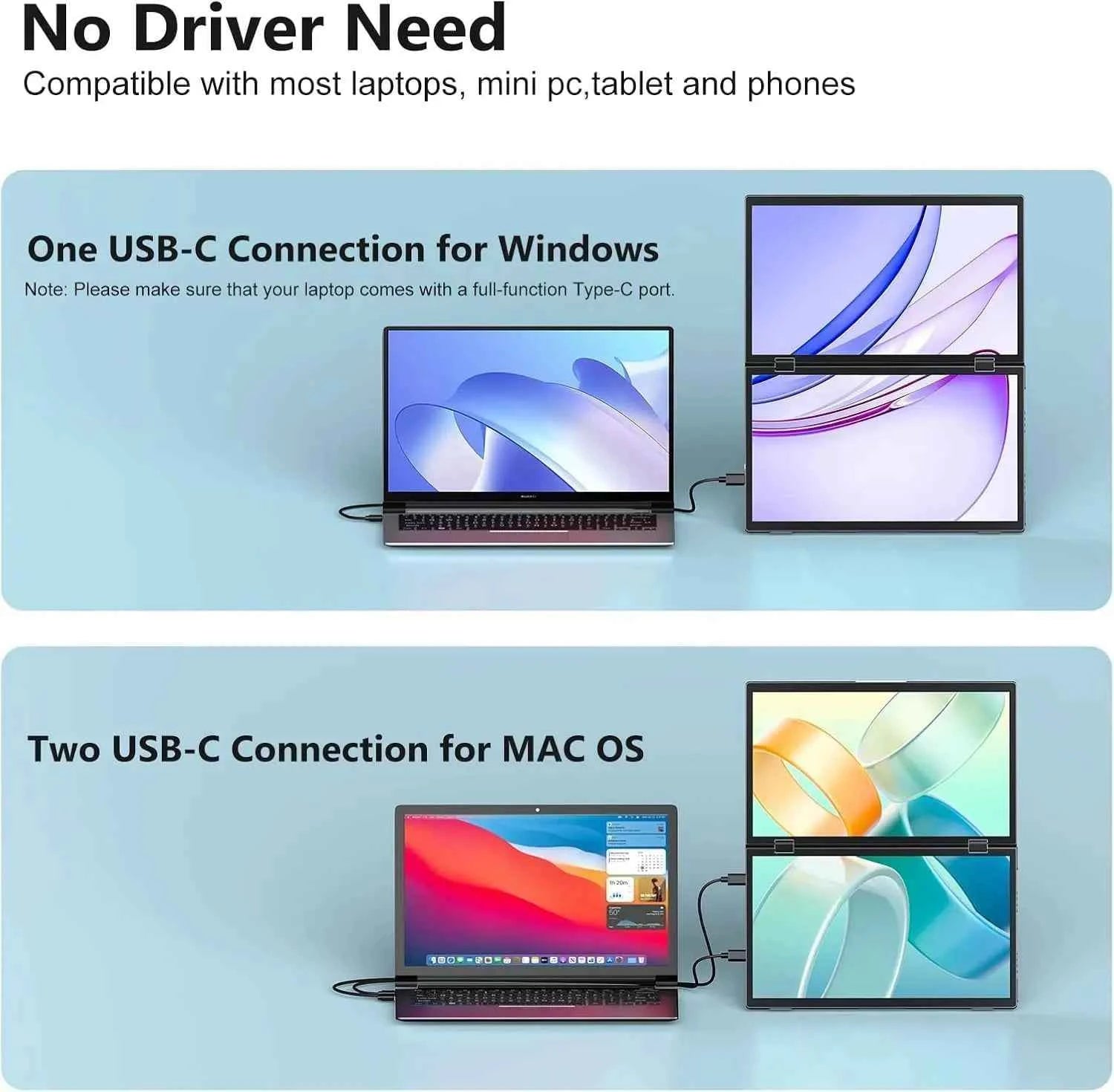 14‘’ Dual Portable Monitor Stacked Displays For Laptop Desktop PC MAC Phone Extended Screen 2240x1400 100%sRGB