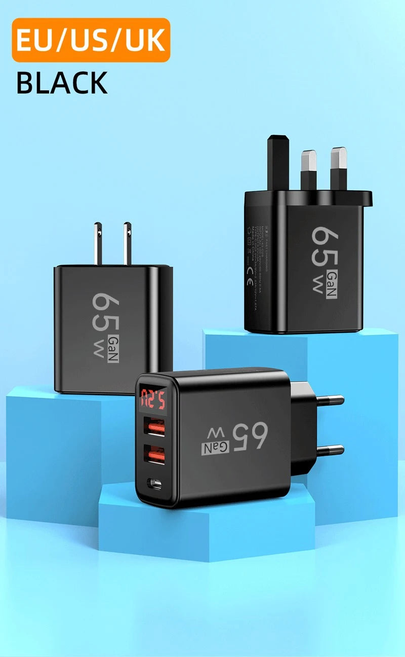 Type C USB 65W Fast Charger Mobile Phone Digital Display USB C Quick Charge 3.0 Wall Adapter For iPhone 14 Pro Oneplus Xiaomi 14