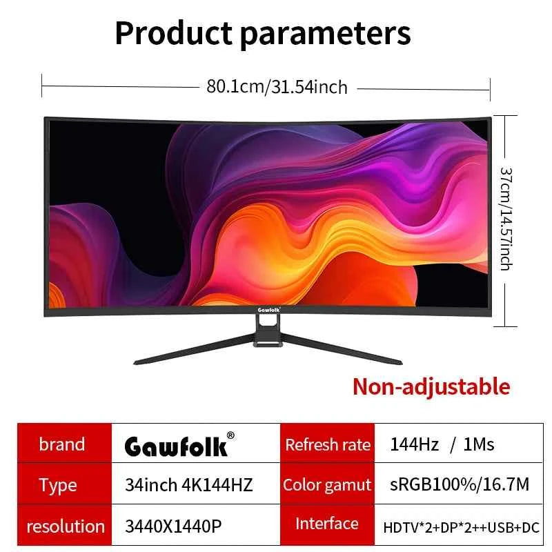 Gawfolk Monitor 34'' 144Hz Screen Curved 1500R Gaming Bezel-less Slim 400HDR Nits 100% SRGB Wide Color