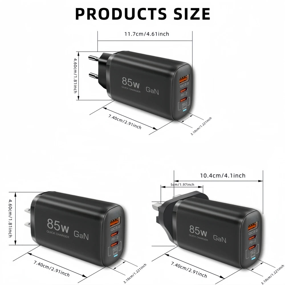 Real 85W GaN Type C Charger USB QC3.0 For Laptop Ipad PPS PD 65W Fast Charge For Samsung Xiaomi iPhone 6-16 Pro Max mobile Phone