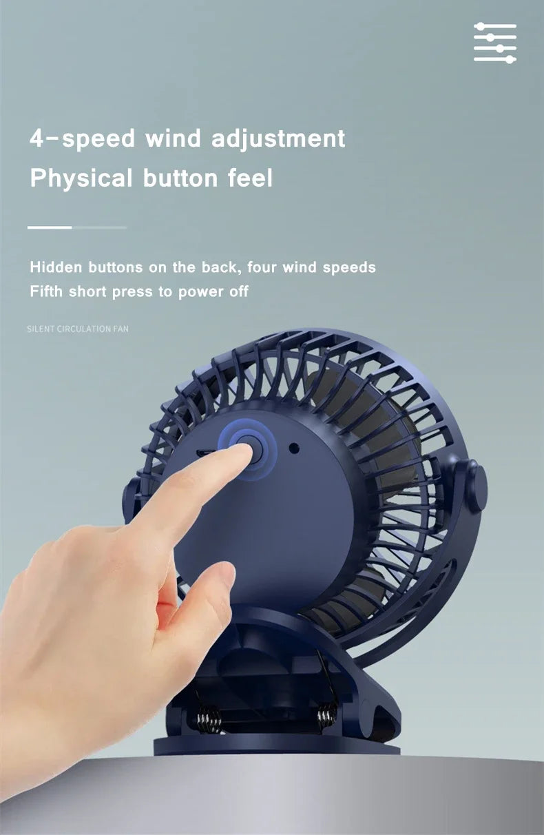 Mini 10000mAh Chargeable Clipped Fan 360° Rotation 4-speed Wind USB Desktop Ventilator Silent Air Conditioner for Bedroom Office
