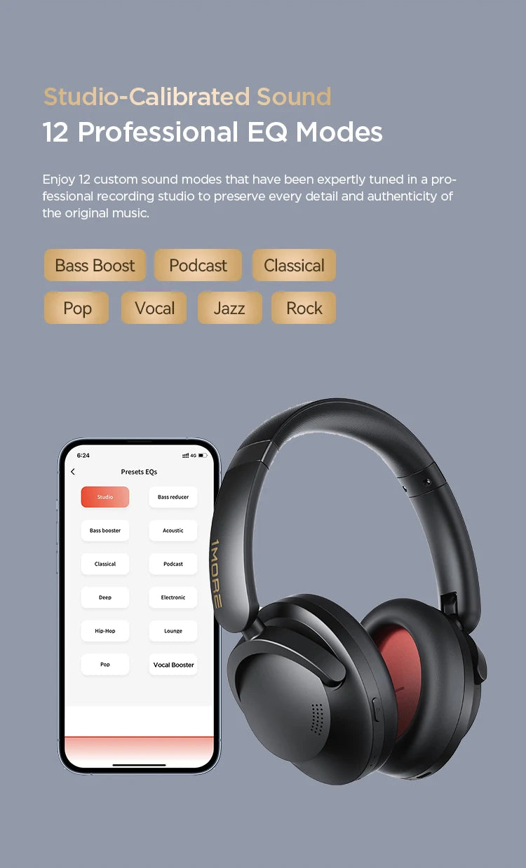 1MORE SonoFlow Pro Wireless Headphone 100H Playtime flash-sale Bluetooth Active Noise Cancelling  Hi-Res Audio Clear Call