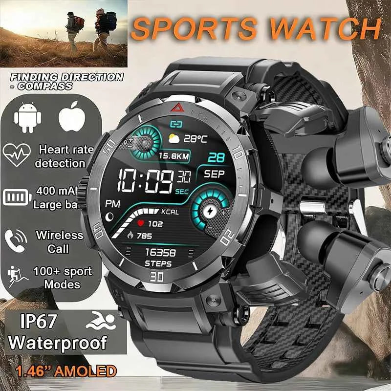 New 3 in 1 Smart Watch for Men With TWS Headset Rugged Military Bluetooth Call Fitness Tracker IP67 Waterproof for Android iOS