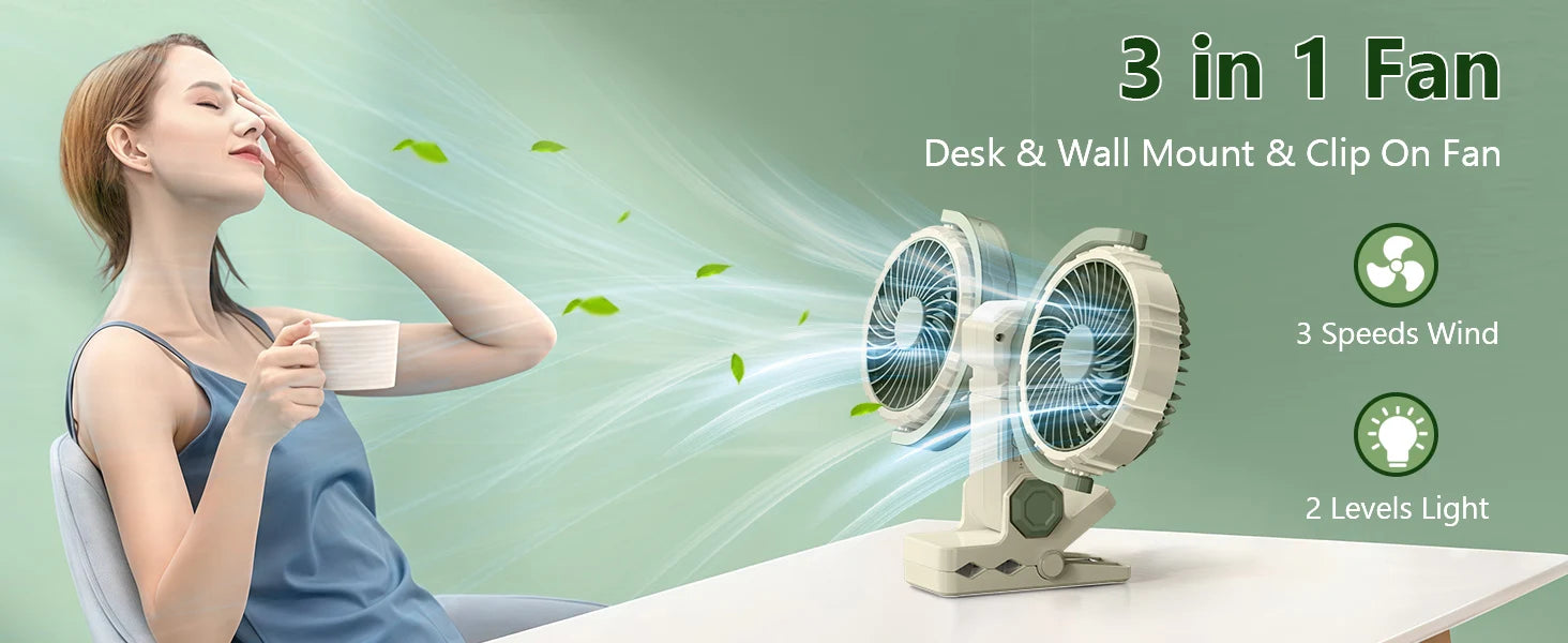 Eary Dual Head Clip On Fan Mount For Desktop With 4000mAh Battery Operated 3 Speed Adjustable 360 Rotatable Desk Air Cooling Fan