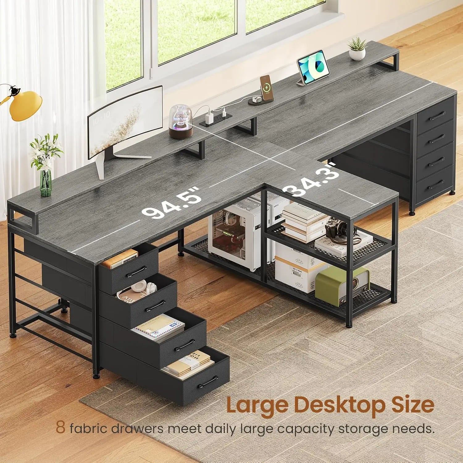 94.5in Double Gaming Desk 8 Drawer LED Storage Power Strip Monitor Stand Home Office , Custom