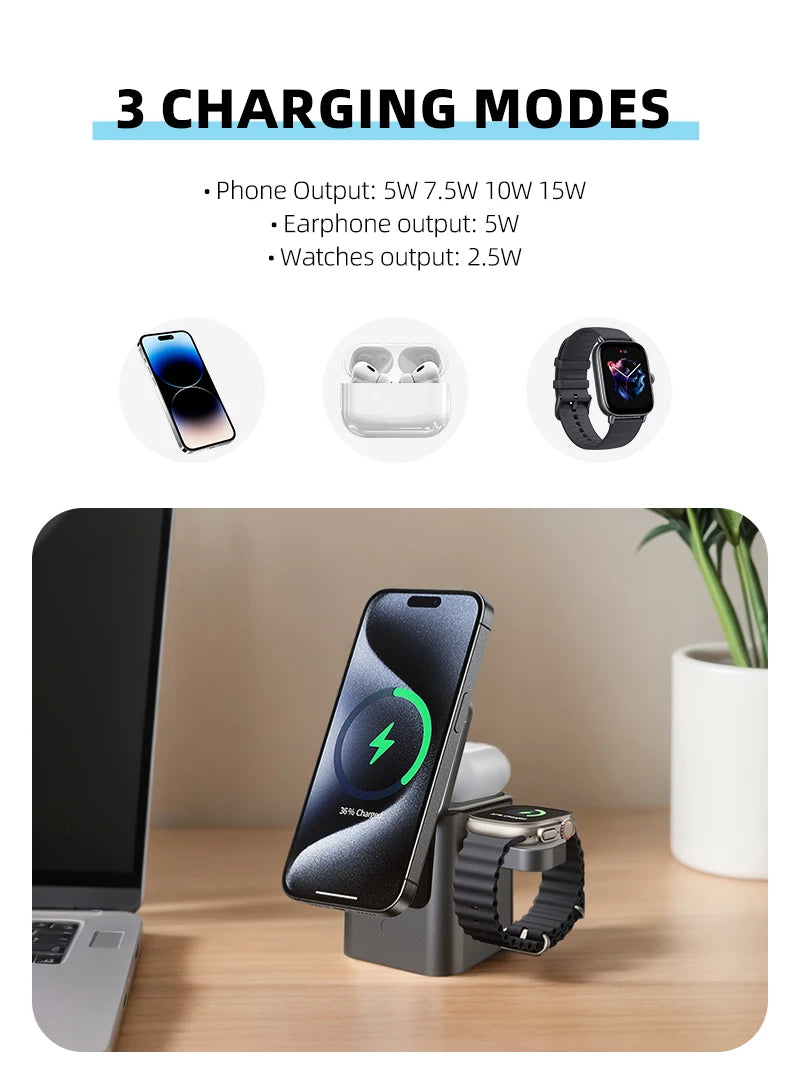 Magnetic 3 in 1 Wireless Charger Station Foldable Cube 15w  Rotating Charging Holder for Apple 17 16 15 14 Pro Max