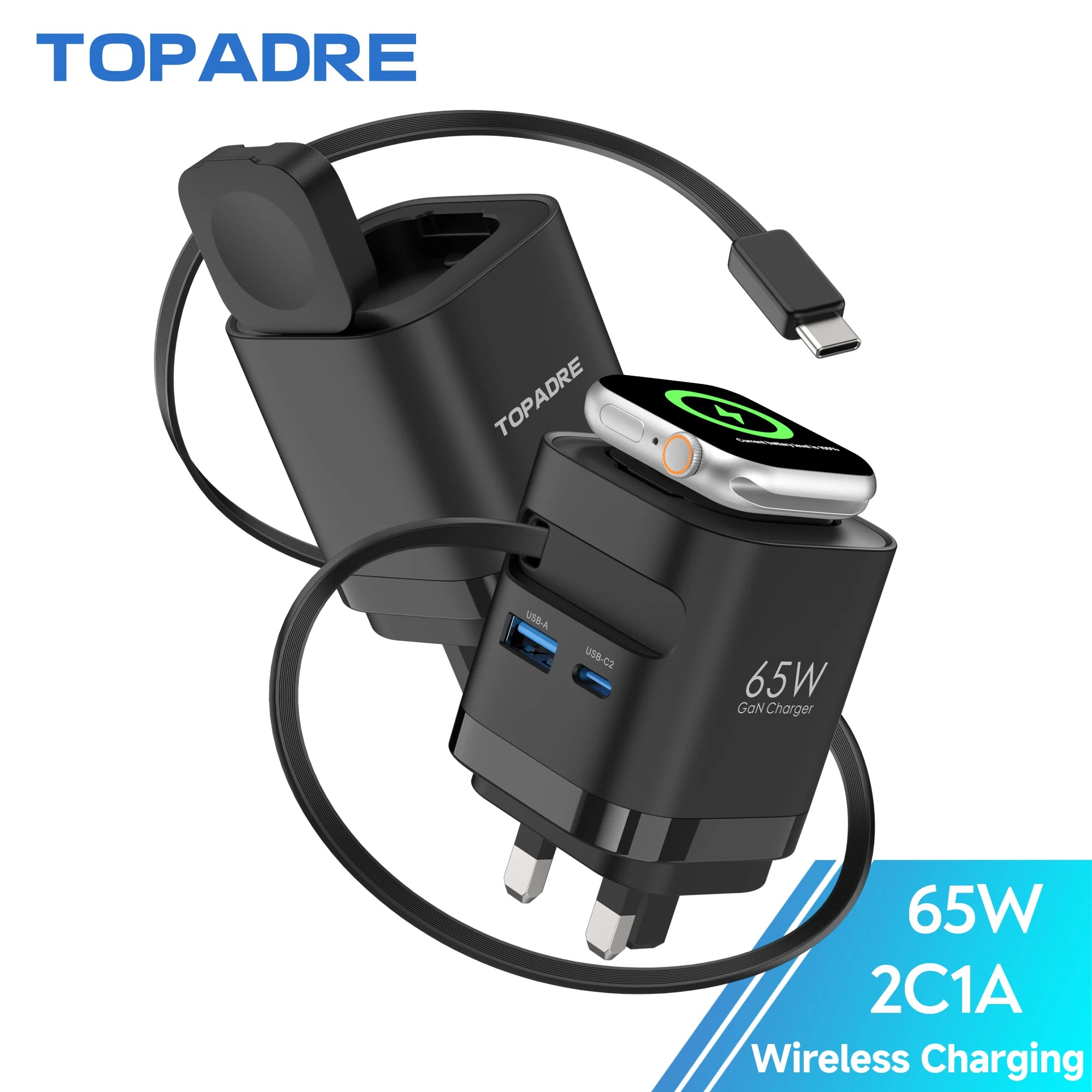 TOPADRE Retractable 65W For Apple Watch wireless Charger, Rapid Charging for Macbook,for iPhone, iPad smartphone, Foldable