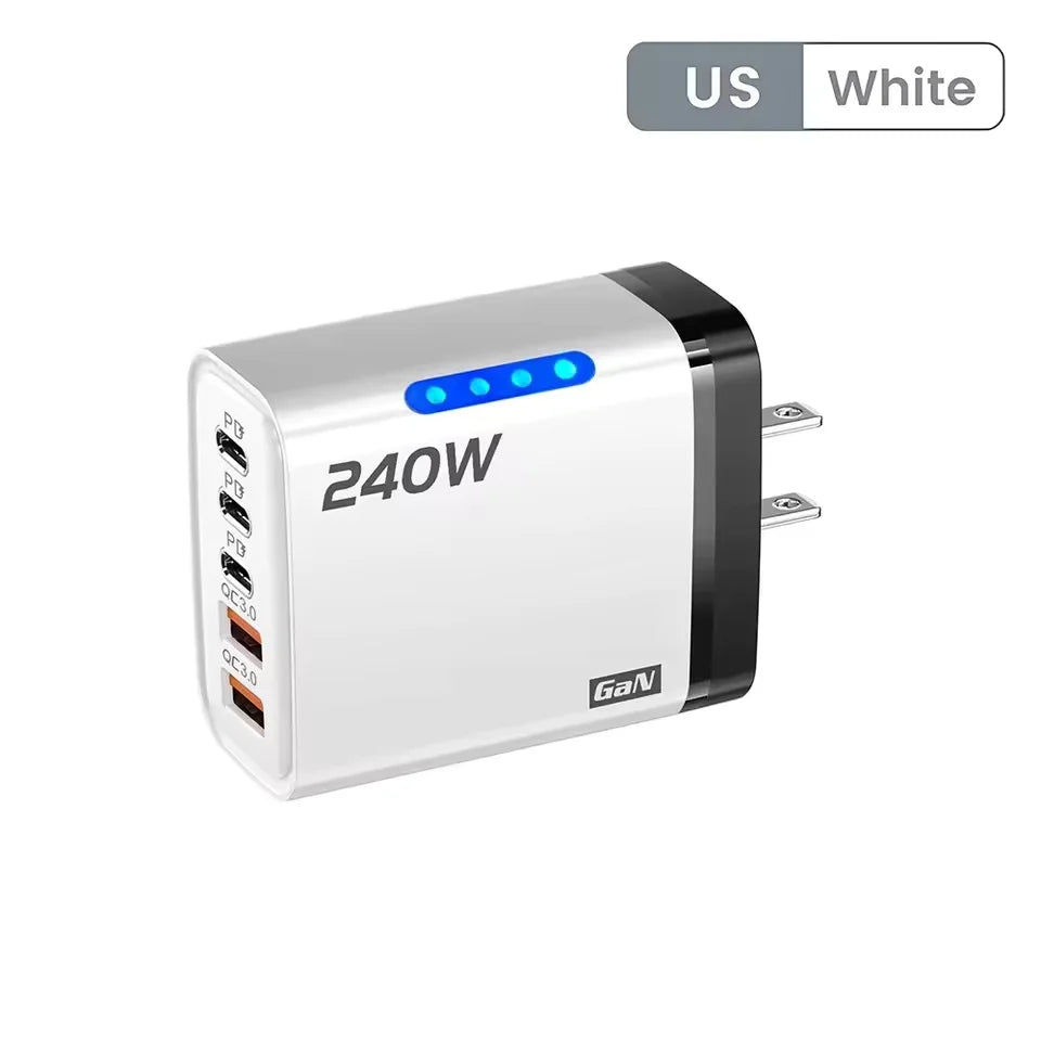 5 in 1 GaN USB C Desktop Charger 240W Fast Charge Phone Adapter Type C Cable For iPhone Samsung Xiaomi EU/US/UK Plug Charger