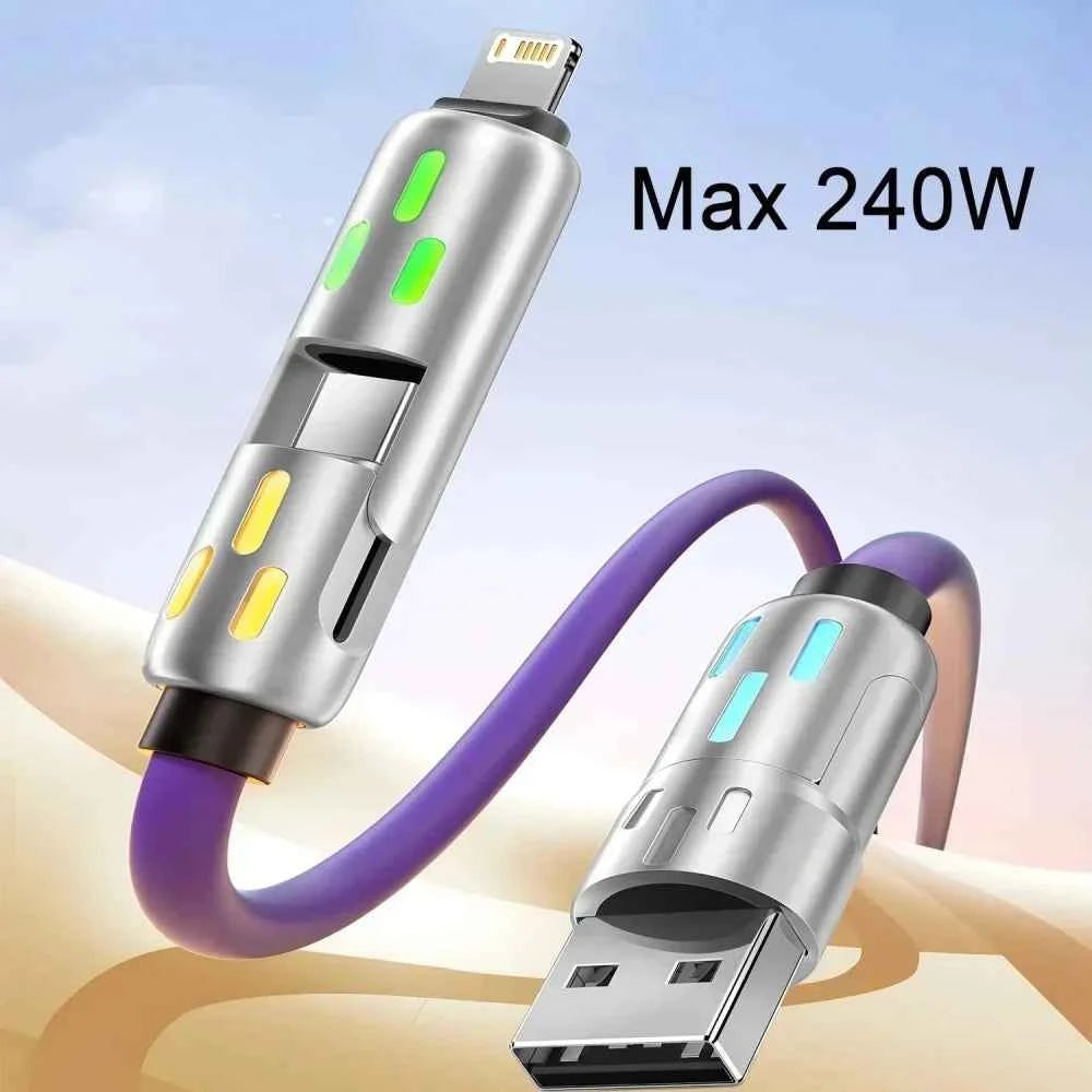 240W USB Fast Charging Data Cables 4-in-1 Micro USB Type C With Breathing Lamp Quick Charge For iPhone 16 Huawei Samsung Xiaomi