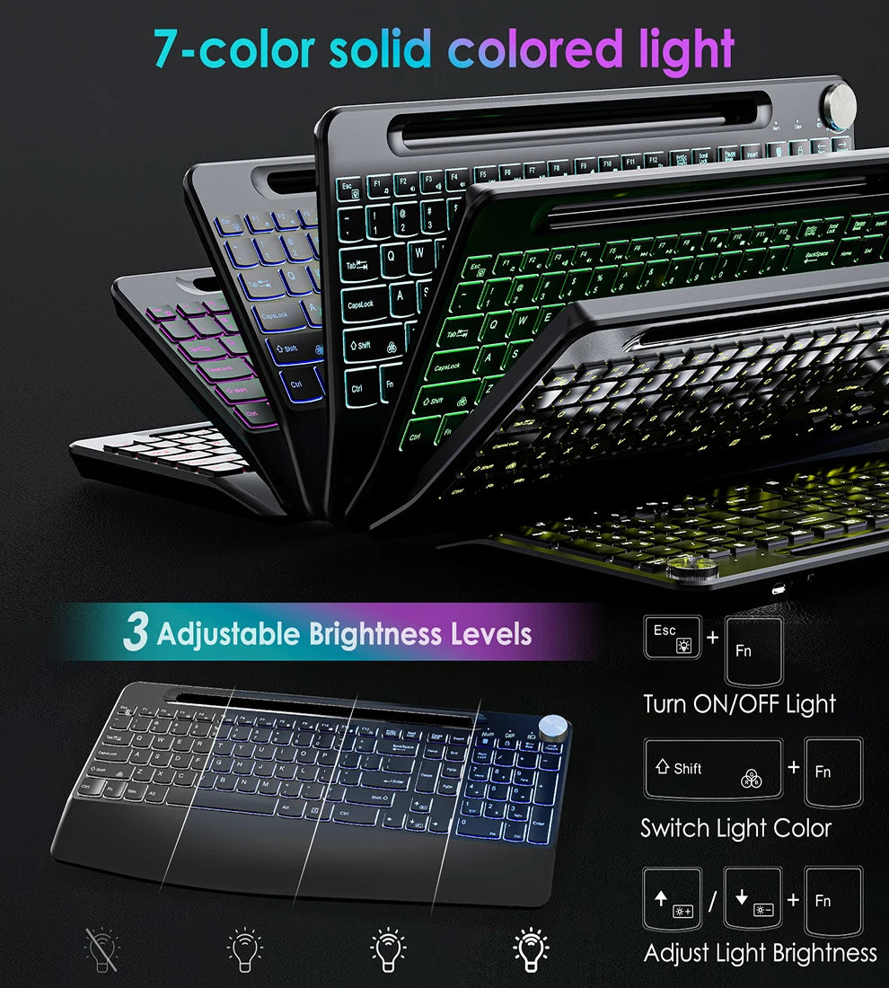 Ergonomic 2.4G Wireless Rechargeable Keyboard Mouse Set for Laptop With Color Backlit Phone Holder Wrist Rest and Jiggler Mouse