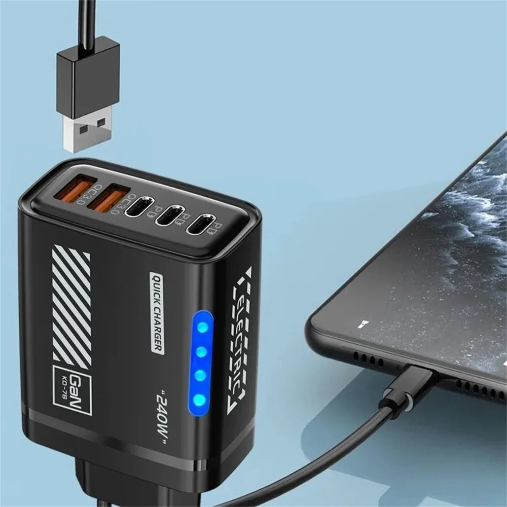 Desktop GaN Charger 240W 5-in-1 Fast Charging Charger 3PD 2USB for iPhone Samsung Xiaomi Tablet EU/US/UK Plug Wall Adapter