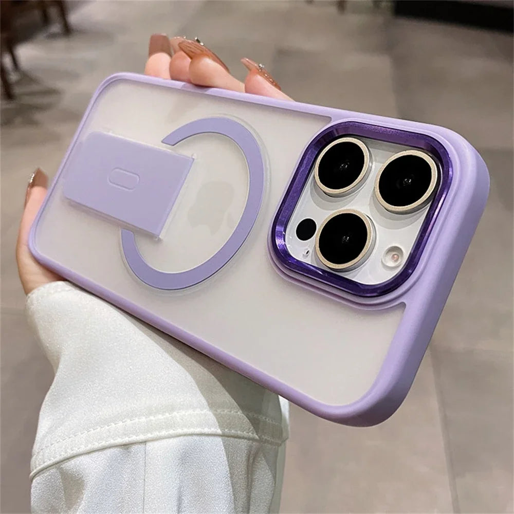 Folding Stand Holder Magnetic Matte Case For iPhone 17 16 Pro Max 15 14 Plus 13 12 For Magsafe Wireless Charge Shockproof Cover