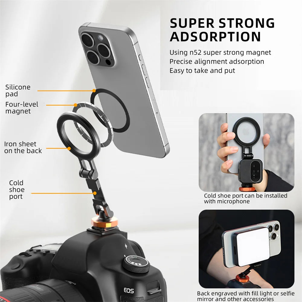 VRIG Magnetic Cold Shoe Mount Phone Holder W 1/4 Phone Tripod Mount for MagSafe iPhone 16 15 14 Samsung Camera Mic Light Monitor