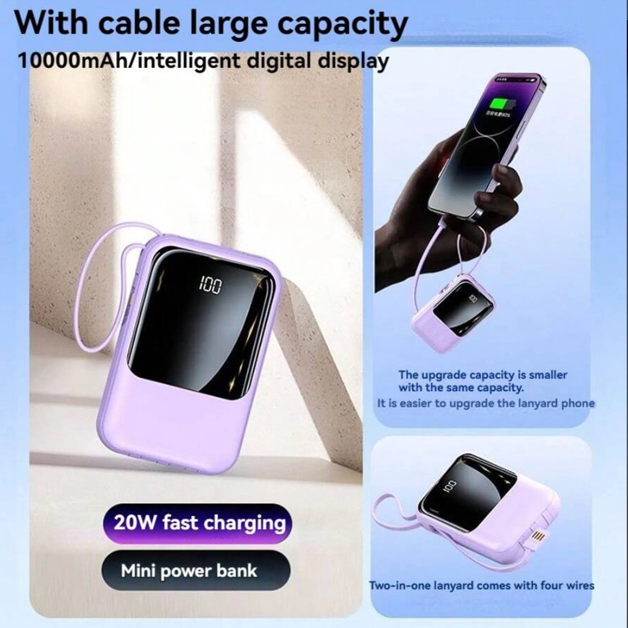 10000mAh Portable charger for phone, Power Bank Built-in 4 Cables and Flashlight ,PD22.5W Fast Charge USB C Battery Pack Compatible with IPhone and Sumsang Android,etc, Camping Travel Essentials