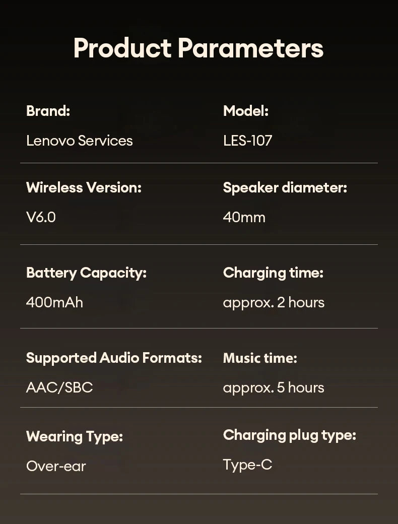 Lenovo Bluetooth 6.0 Over-Ear Headsets Low Latency Music Wired/Wireless Headphones Noise Reduction Stereo Sound LES-107 Earbuds