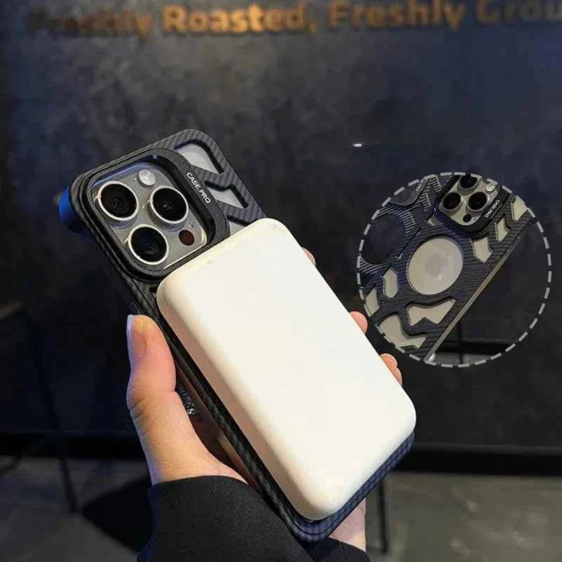 Frameless Fiber Pattern Logo Hole Hollow Magnetic Case for iPhone 12 13 14 15 16 Pro Max Magsafe Lens Stand Flip Bracket Cover
