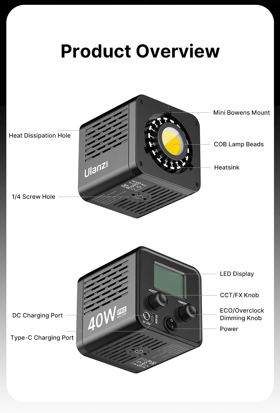 Ulanzi L023 40W pro Video Light Mini Bowens Mount Bi-color 2500-6500K with 3400mAh COB Light for Photography