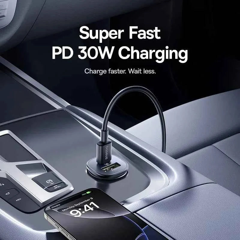 Baseus 30W Car Charger Fast Charging Dual Port USB Type-C PD QC FCP AFC For iPhone 16 15 Samsung S24 S25 Xiaomi Huawei Tablet