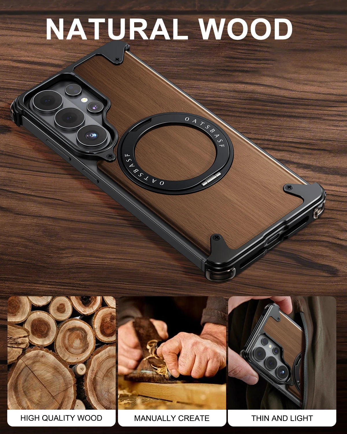 Eary for Samsung Galaxy S26 Ultra Wooden Case With 360°Rotating Magnetic Stand Frameless Unique Wood Phone Cover Drop Protection