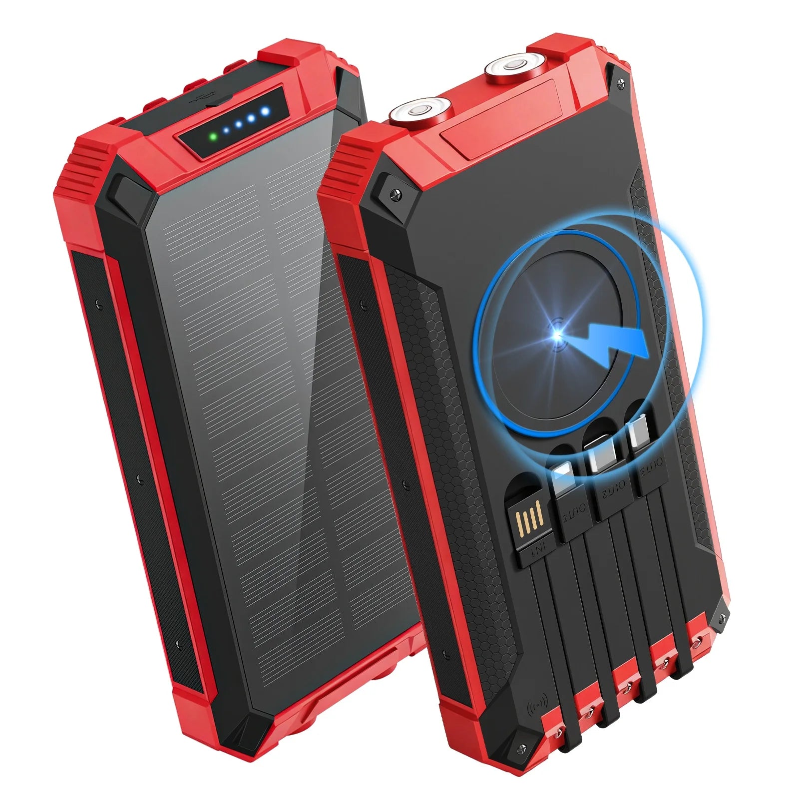 20000mAh Portable Solar Power Bank Wireless Charging 18W Dual LED Lights 4 Built-in Charging for iPhone Android Phones AirPods