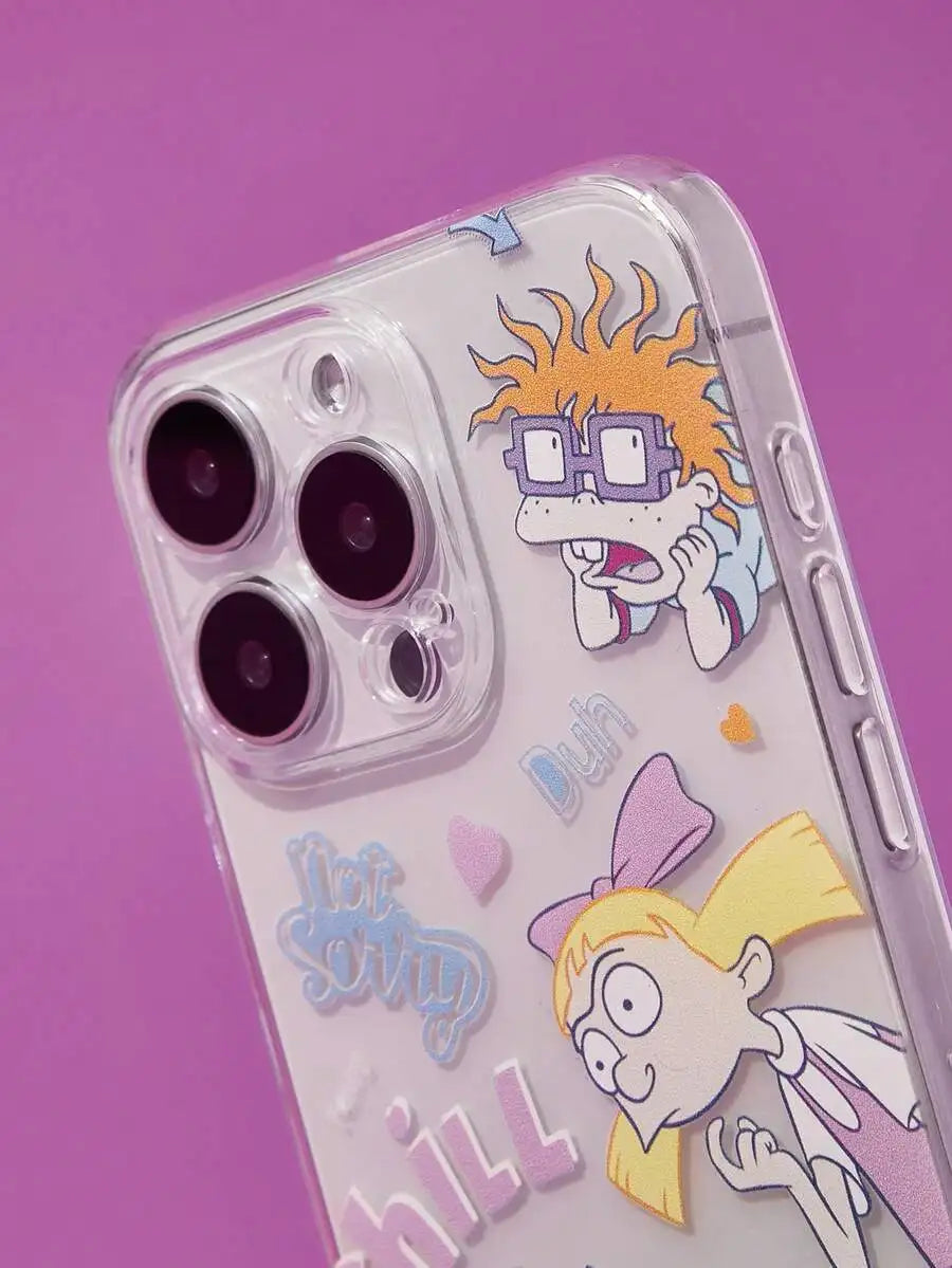Transparent Pink Cartoon-Style Phone Case with Chill Graphic Design for iPhone