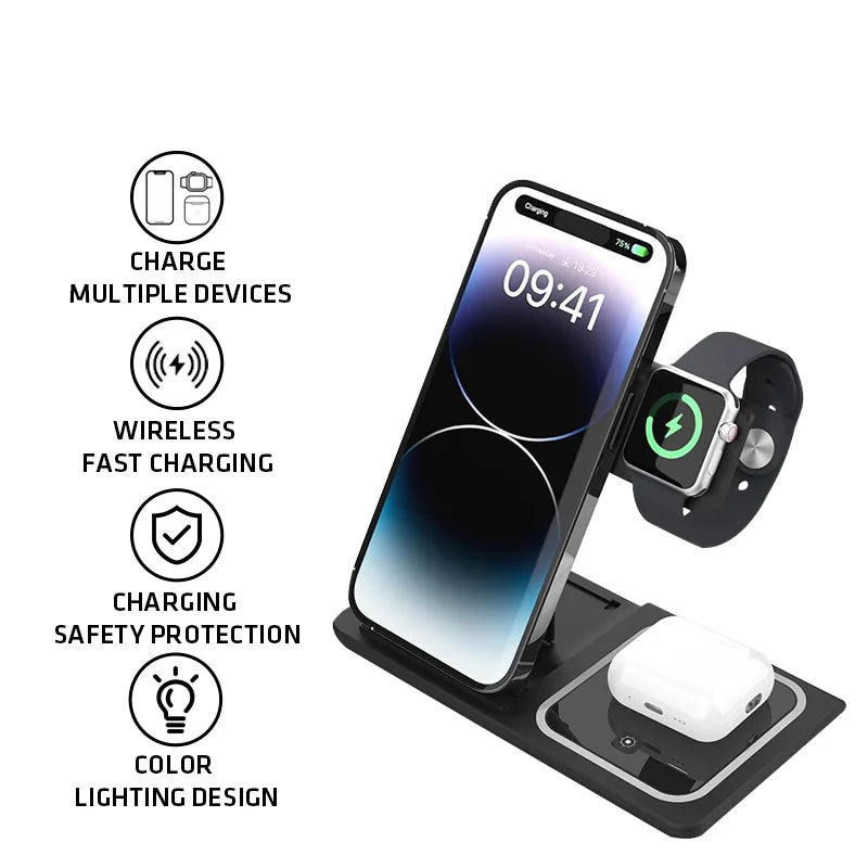 3-In-1 Foldable Wireless Charging Stand 15W/10W/7.5W/5W Multi Device Fast Wireless Charger for Smartphone Smart Watch Earphones