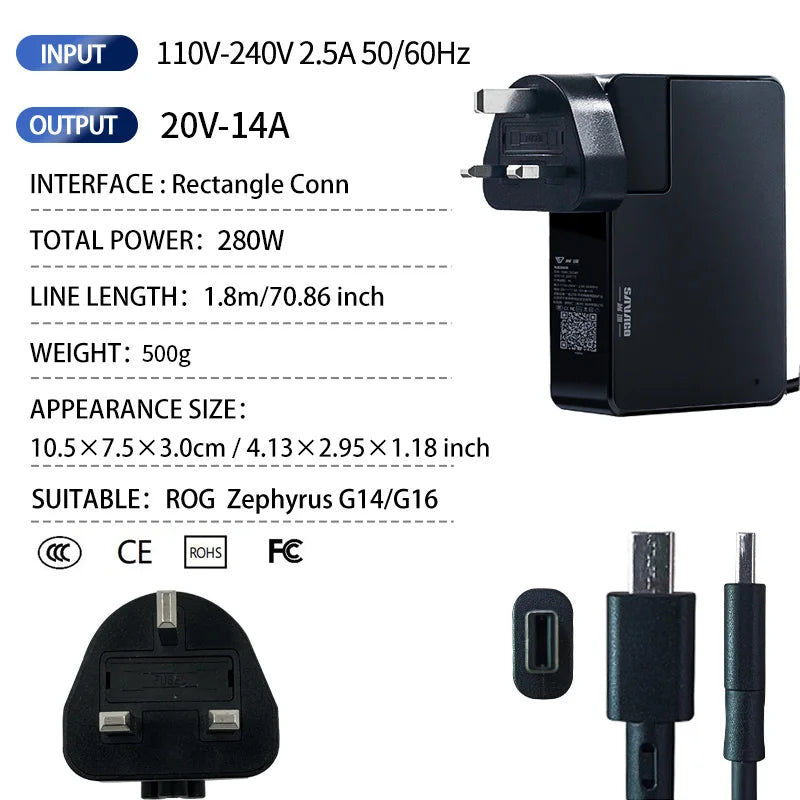 SAVAGO 20V10A 200W AC Adapter Laptop Power for ASUS ROG Zephyrus G14 2024 GA403 GaN Charger for Rog G16 2024 GU605