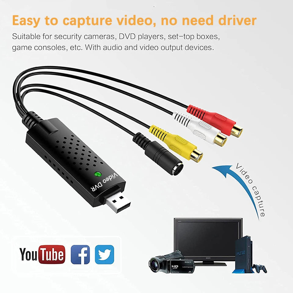 USB Video Capture Card Easy Cap VHS VCR Mini DV Hi8 DVD to Digital Converter RCA/S-video to USB 2.0 Audio Video Record Capturer