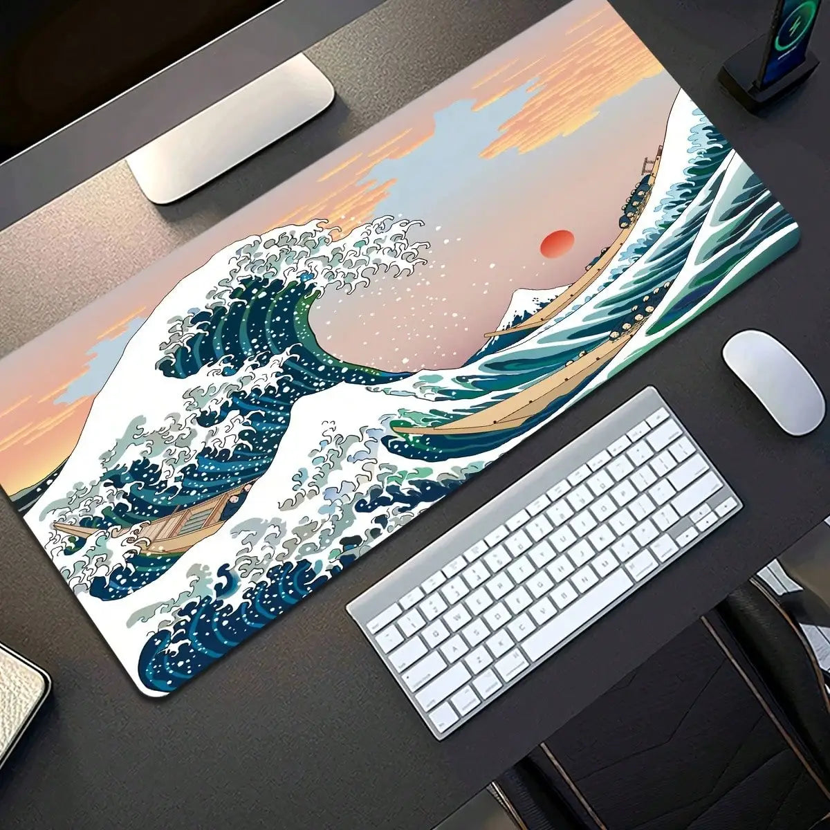 XXL Gaming Mouse Pad Featuring A Black-And-White Wave Art Design; Washable Surface; Stylish Rectangular Desk Mat Suitable For Desktops, Laptops, Office Work