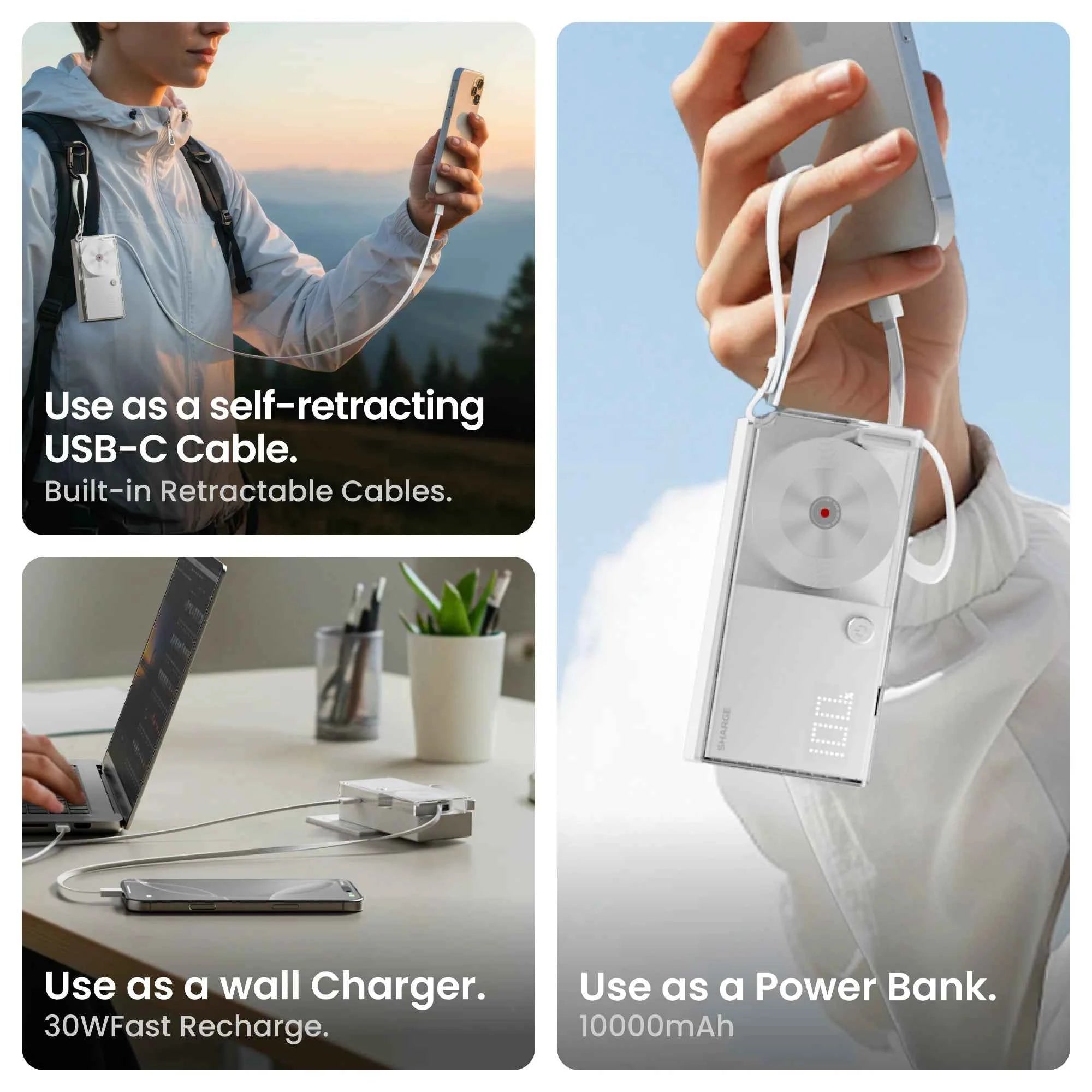 SHARGE 3-in-1 Portable Power Bank 30W USB-C Charger with USB-C Cable 10,000mAh AC Plug Max Battery Pack for iPhone 16/15 Galaxy