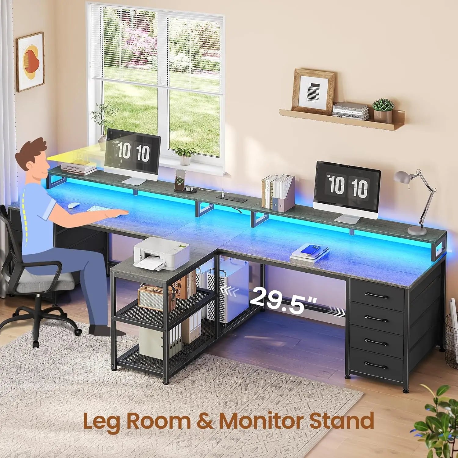 94.5in Double Gaming Desk 8 Drawer LED Storage Power Strip Monitor Stand Home Office , Custom