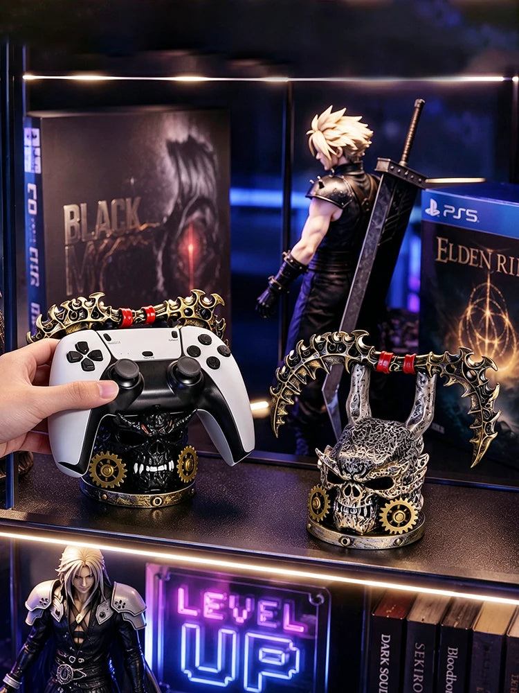 Gothic Skull Game Controller Stand Steampunk Resin Gamepad Holder Halloween Desktop Ornament Gaming Room Decor Gift for Gamers