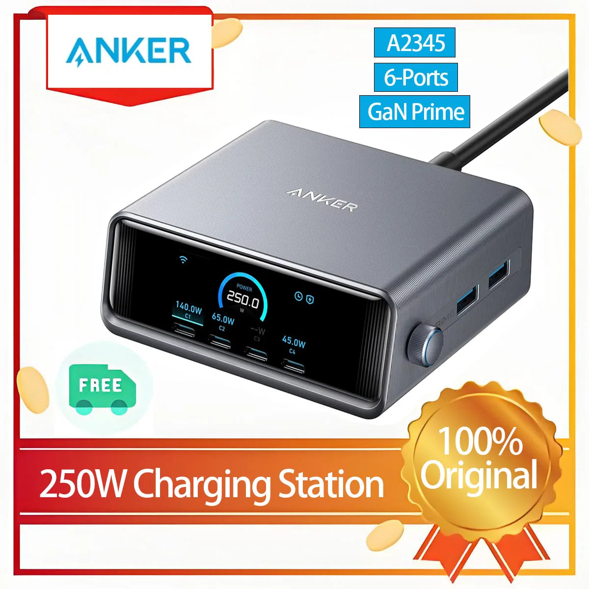 Anker Prime 250W USB-C Charger A2345, Ultra-Fast 6-Port GaN Charging Station, 2.26
