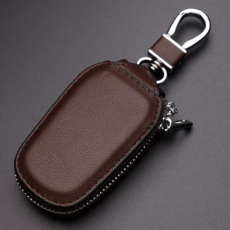 Genuine Cowhide Car Key Case Universal Zipper Leather Key Holder Portable Waist Hanging Auto Remote Fob Key Bag
