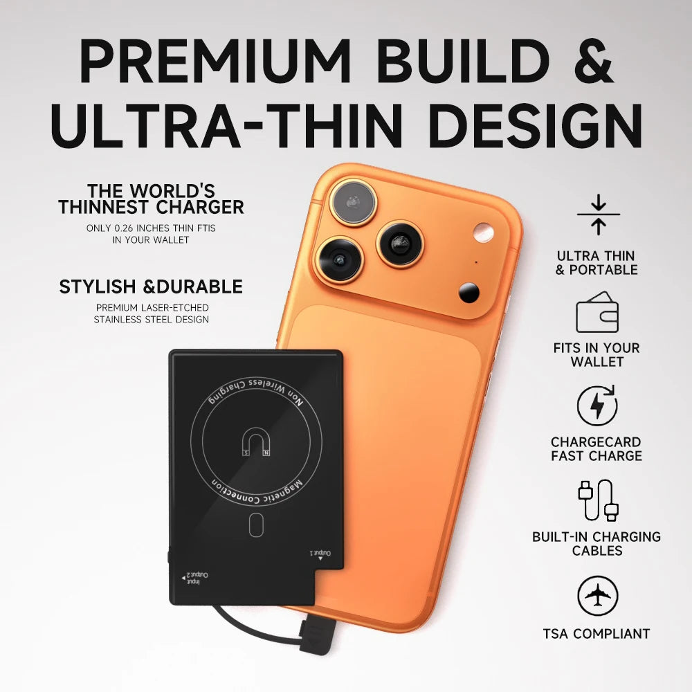 Magnetic Card-Size Power Bank 2650mAh Ultra-Slim Portable Charger with Built-in USB-C & Lightning Cables 7.5W Quick Charge