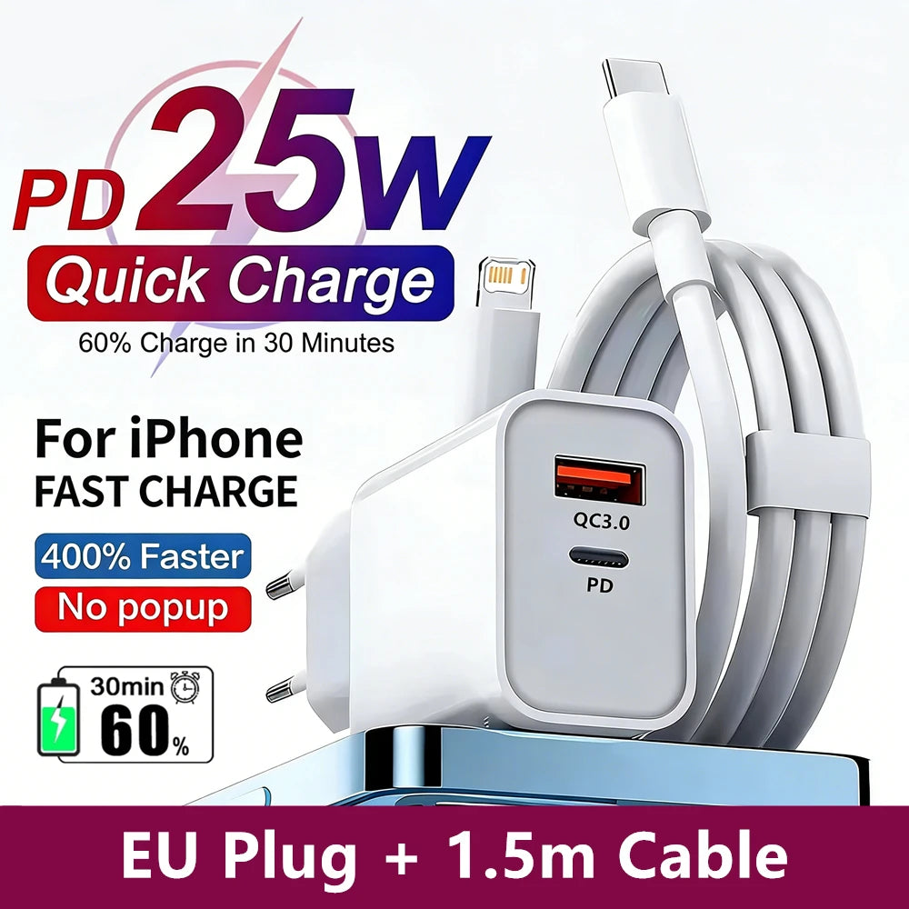 25W PD USB C Multi-Port Fast Charger For iPhone 11 12 13 Mini 14 Pro Max X XR XS Max 7 8 Plus Quick Charging PD Cable 1m 1.5m 2m