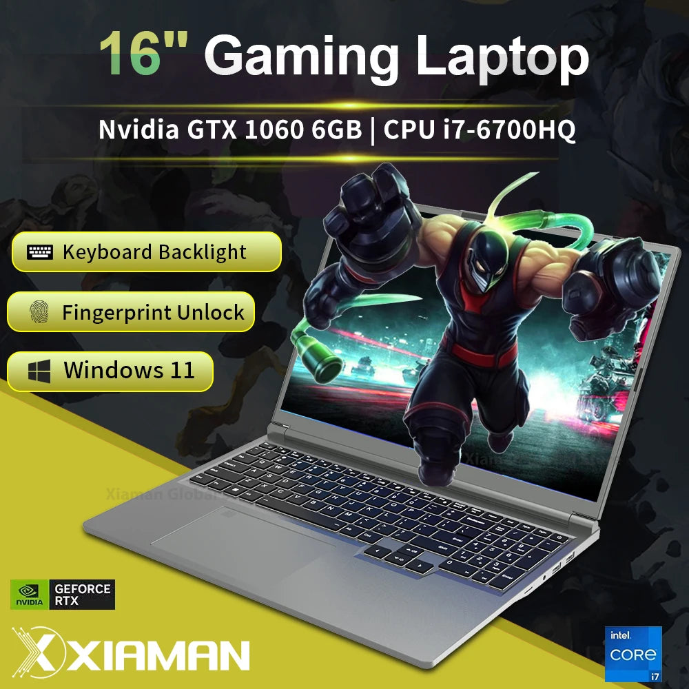 Xiaman 16-inch Gaming Laptop, intel Core i7-6700HQ, GTX 1060, IPS 1920*1200, 16GB RAM, 1TB SSD, Windows 11 Laptop Computer - WinSupport Tech