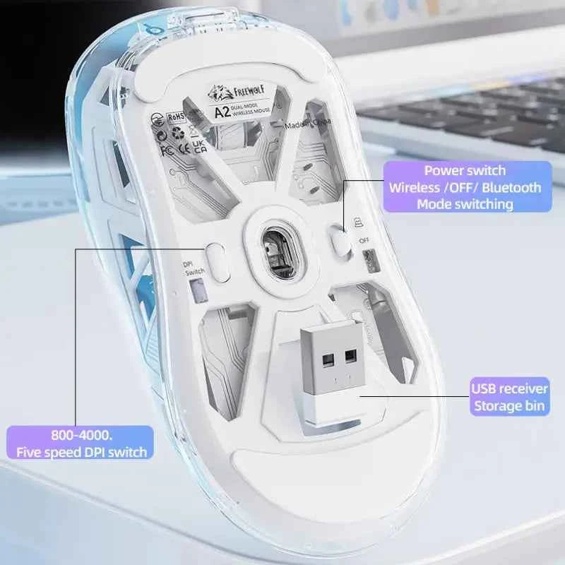 FREEWOLF A2 Transparent Wireless RGB Mouse, Bluetooth Dual-mode Connection