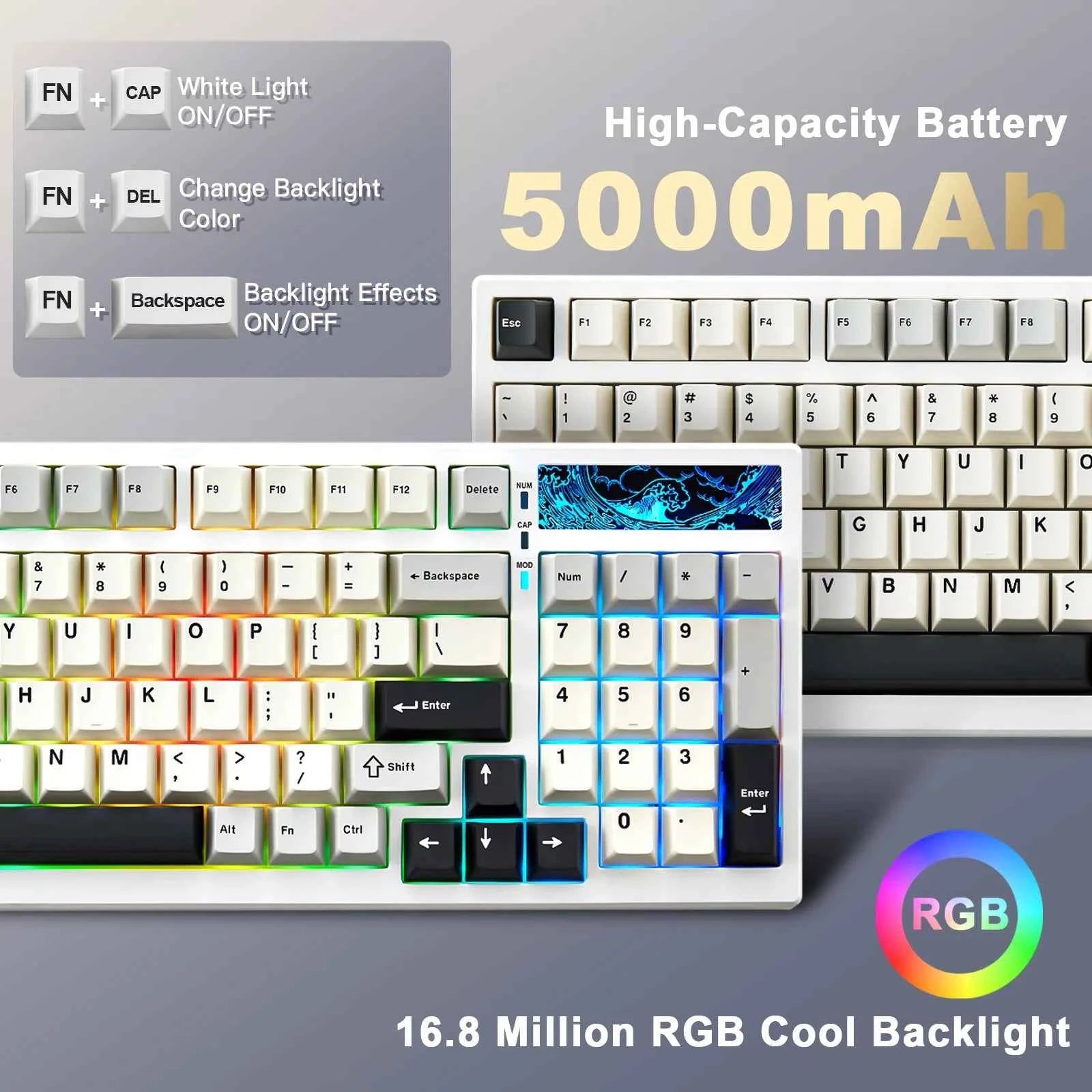 YUNZII YZ98 White Full Size Mechanical Gaming Keyboard, Vintage 99 Keys Hot Swap Gasket 98% Layout Wireless RGB Backlit Keyboard